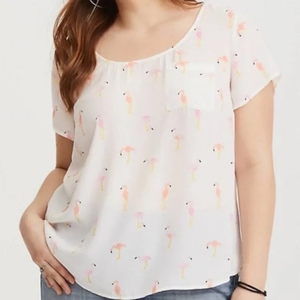 Torrid White Blouse with Flamingo Print
